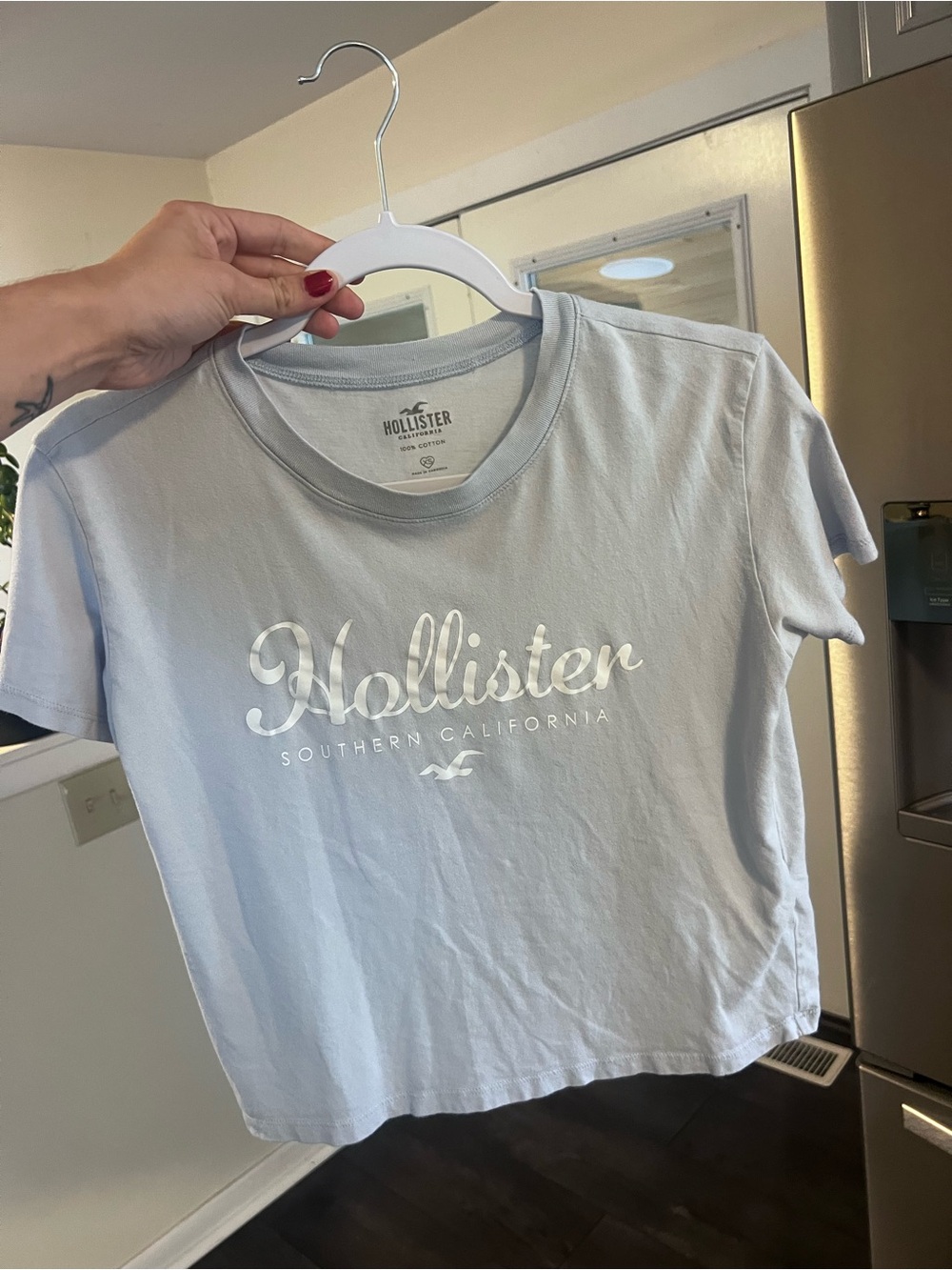 Hollister Light Blue Script Logo Crop Tee Size XS